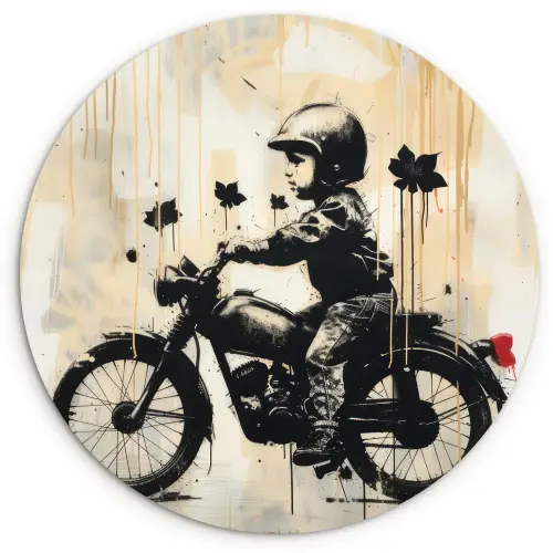 Vintage - Street art - Motor - Jongen - Graffiti - Zwart - Banksy Wandcirkel kunststof plaat 5mm dik klein -3d