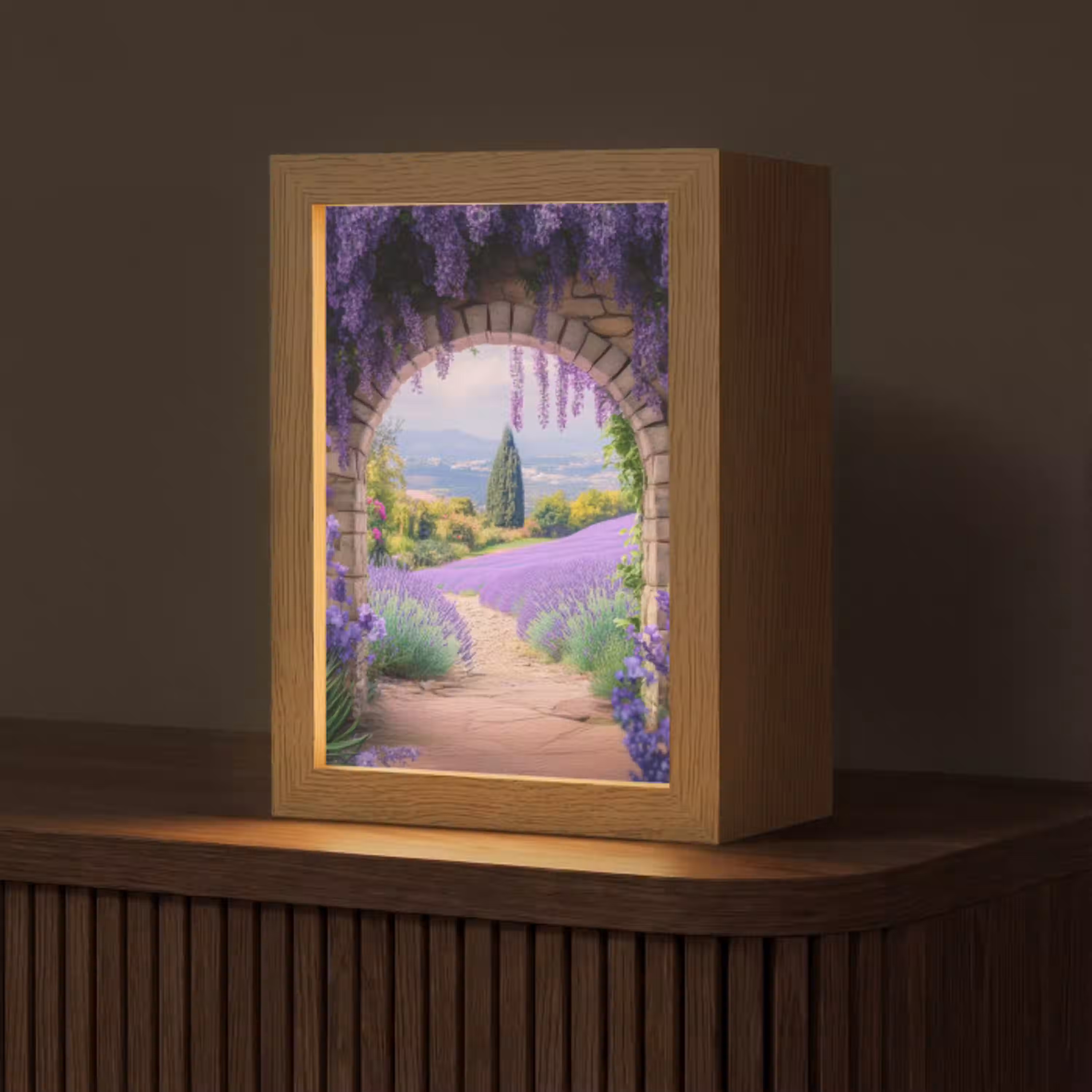 Doorkijk - Lavendel - Bloemen - Paars - Poort Light Box met kabel (Tafellamp) klein -z3d_website