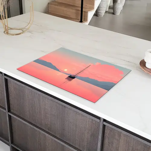 Zeilboot - Roze zee - Zonsondergang - Bergen Inductie beschermer vinyl 3mm klein -sfeer8