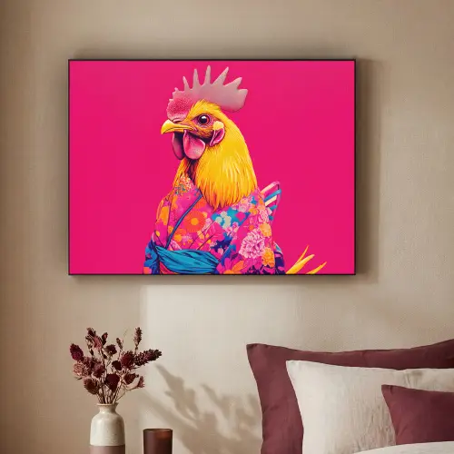 Haan - Kleurrijk - Kimono - Roze Textielframe - compleet frame klein -sfeer1