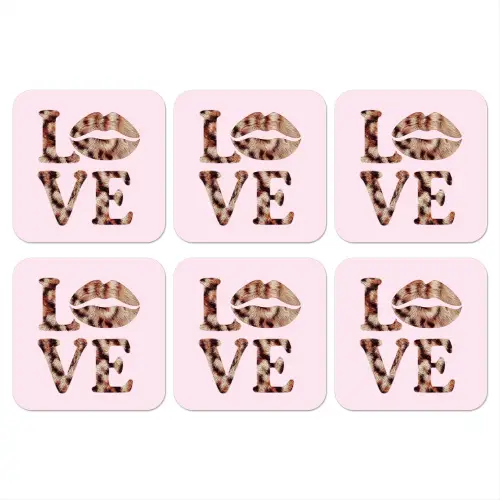 Tekst - Love - Pantervacht - Lichtroze onderzetter kurk middel -3d