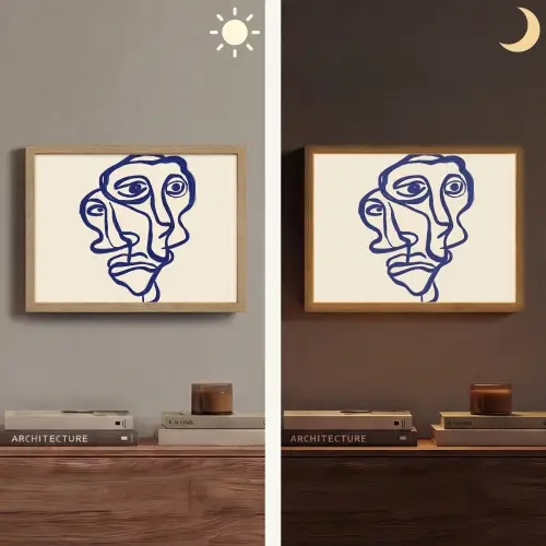 Lijntekening - Overlappende gezichten - Donkerblauw Light Box met batterij (Wandlamp) middel -sfeer3
