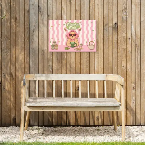 Matcha - Hond - Roze - Groen Tuinposter op houten frame 2 cm dik klein -sfeer4