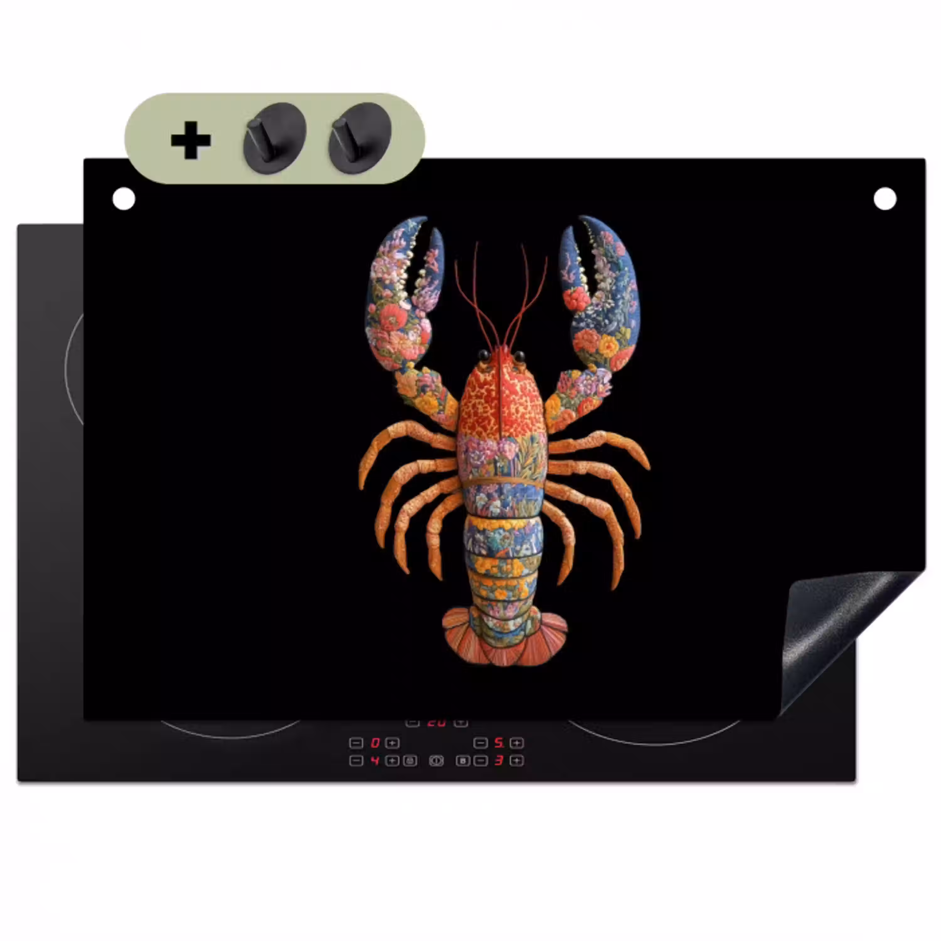 Kreeft - Borduur - Kleurrijk - Bloemen Inductie beschemer met haakjes klein -3d