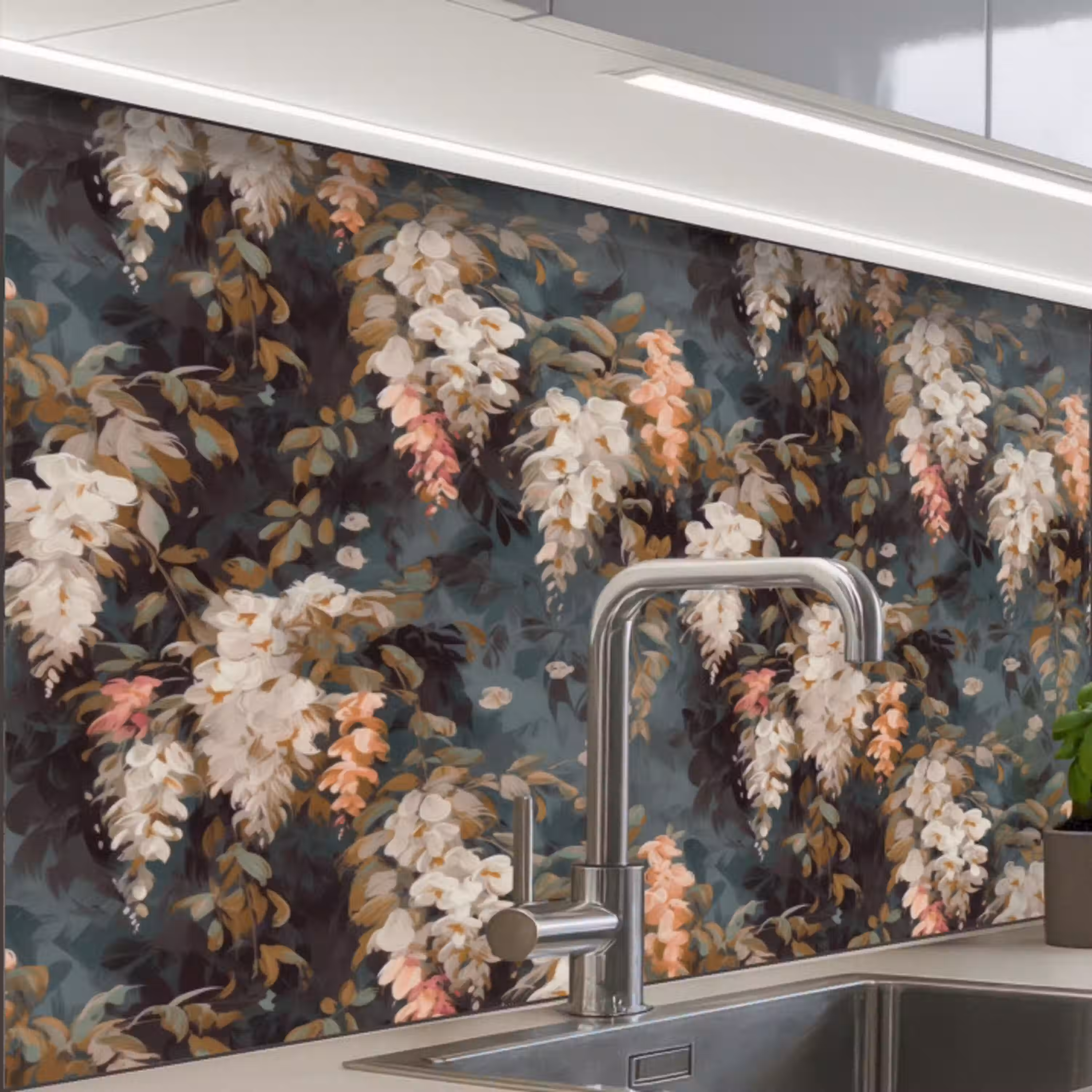 Bloemen - Bladeren - Donker - Patroon keuken achterwand 2 middel 865 -zzzz3d_schuin