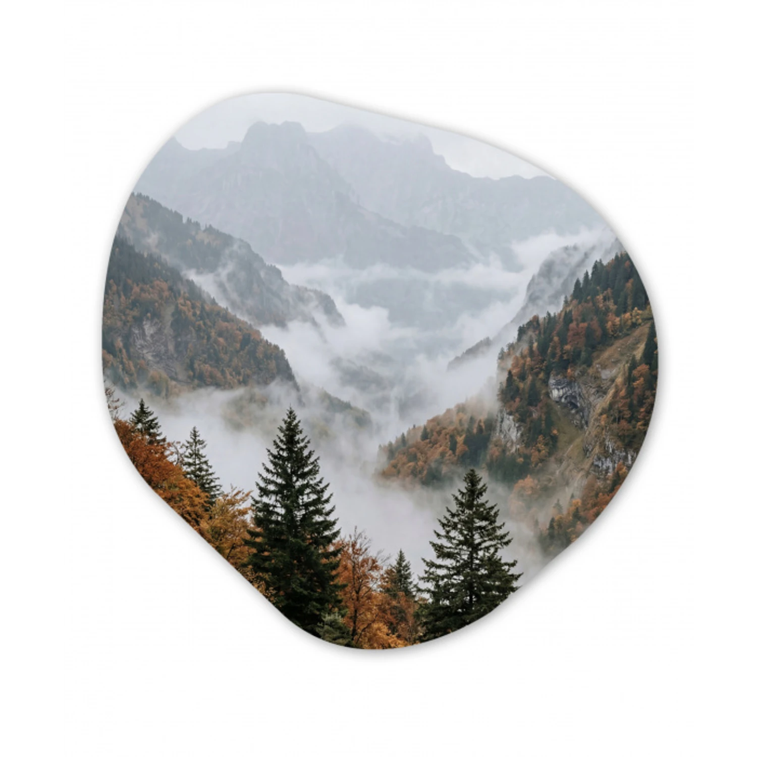 Bergen - Vallei - Mist - Herfst - Natuur Wandcirkel Organisch Aluminium middel -3d