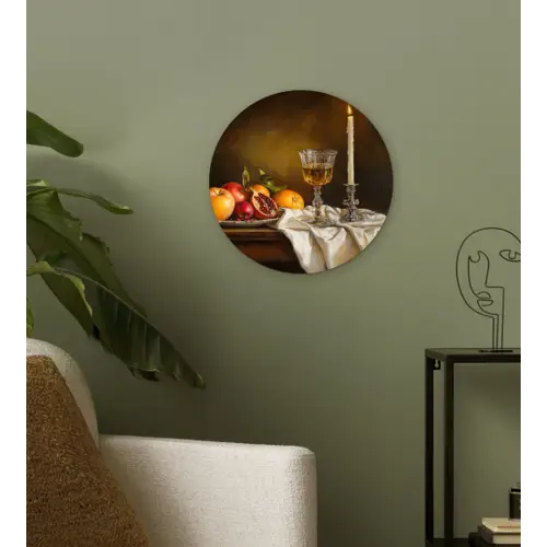 Fruit -  Stilleven - Wijn - Kaars Wandcirkel kunststof plaat 5mm dik klein -sfeer3