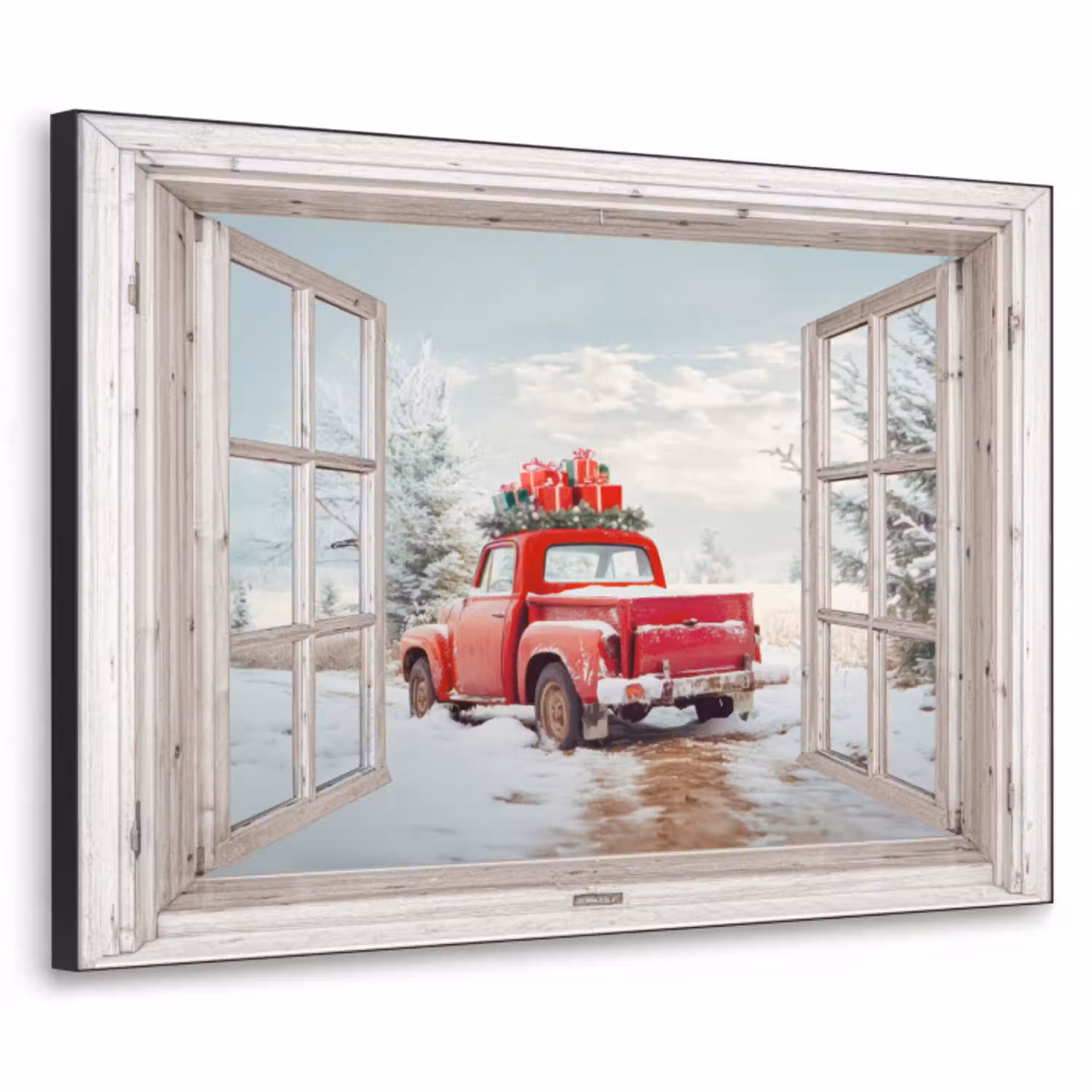 Auto - Rood - Cadeaus - Winter - Kerst - Doorkijk - Wit Textielframe zwart klein -3d