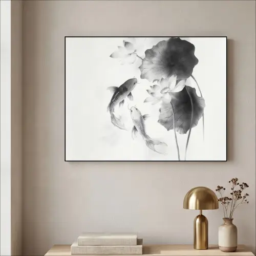 Lotusbloemen - Vissen - Bladeren - Zwart Textielframe zwart klein -sfeer2