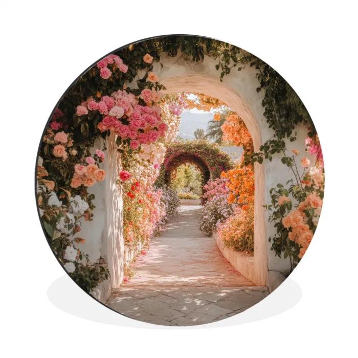 Doorkijk - Boog - Bloemen - Pastel Wandcirkel aluminium klein -3d