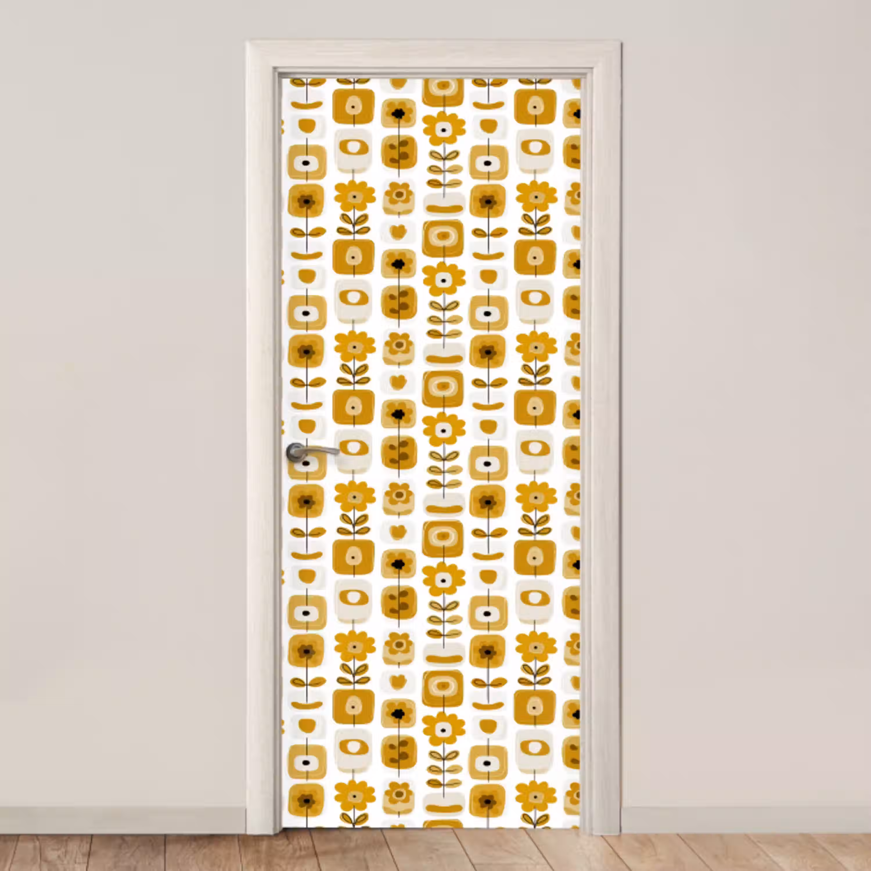 Retro - Abstract - Bloemen - Okergeel deurposter klein 289 -3d_beige