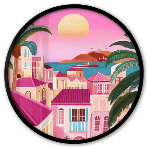 Stad - Roze - Palmbomen Fotolijst rond zonder passe partout klein -3d