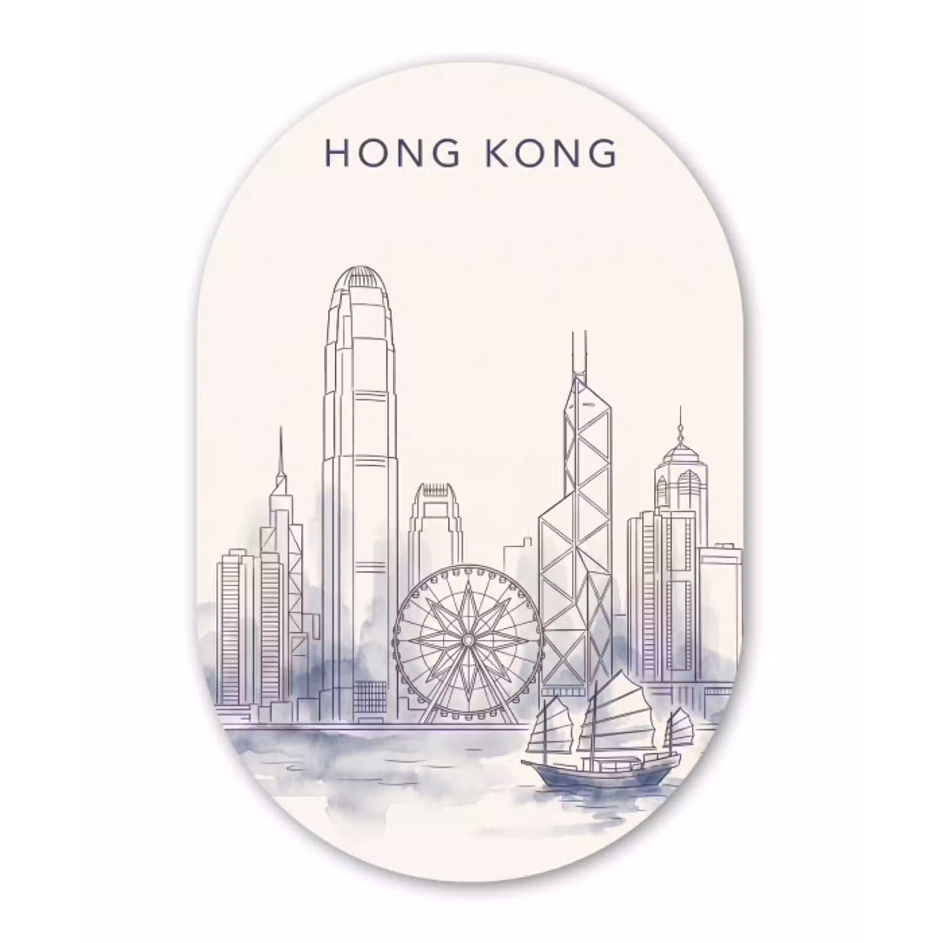 Stad - Skyline - Water - Lijntekening - Blauw Wandcirkel Ovaal Aluminium middel -3d