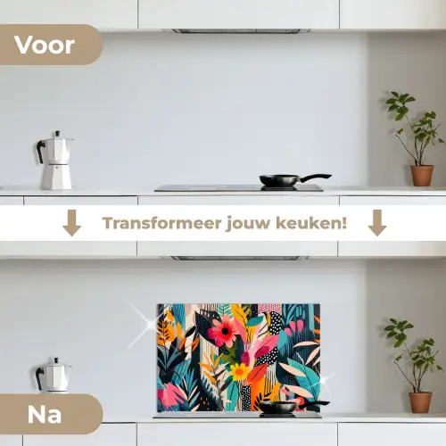 Schilderij - Abstract - Bloemen - Roze keuken achterwand spatscherm klein -voor_na_NL