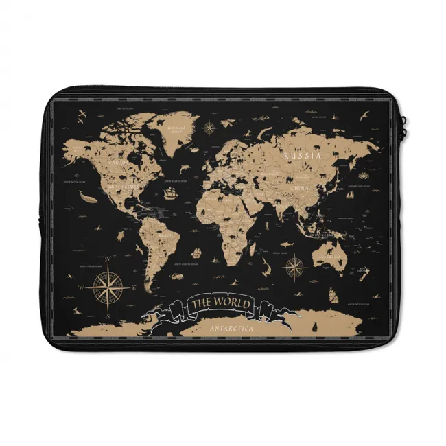 Laptophoes Wereldkaart - Beige - Zwart