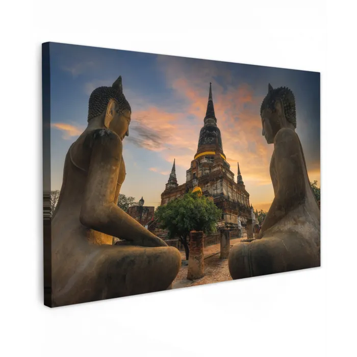 Tempel - Zonsondergang - Boeddha beelden - Buddha Tuinposter op houten frame 2 cm dik klein -3d