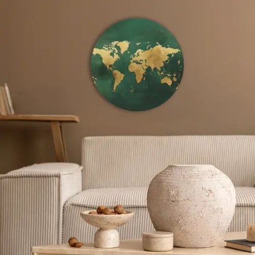 Wereldkaart - Groen - Goud Akoestische PET Vilt - Rond klein -sfeer1