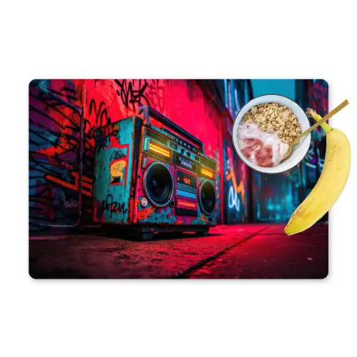 Boombox - Rood - Graffiti - Neon Placemat vinyl groot -zzzproduct_Kitchenyeah-website