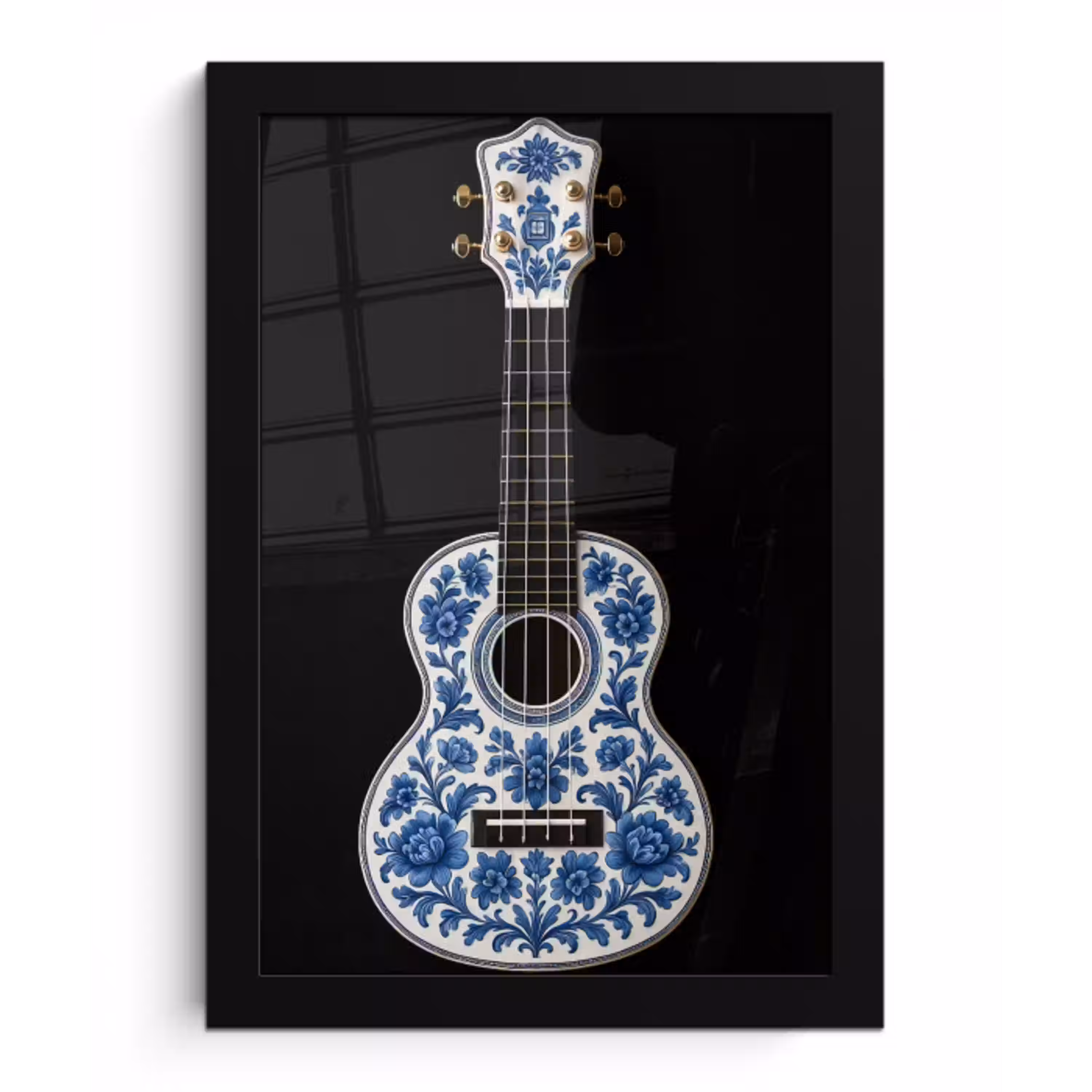 Ukelele - Delfts - Blauw - Muziek fotolijst zwart zonder passe partout klein -3d