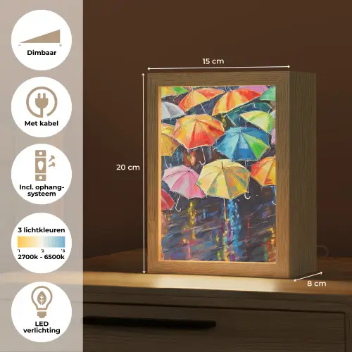 Paraplu's - Schilderij - Kunst - Regenboog Light Box met kabel (Tafellamp) klein -USP_NL
