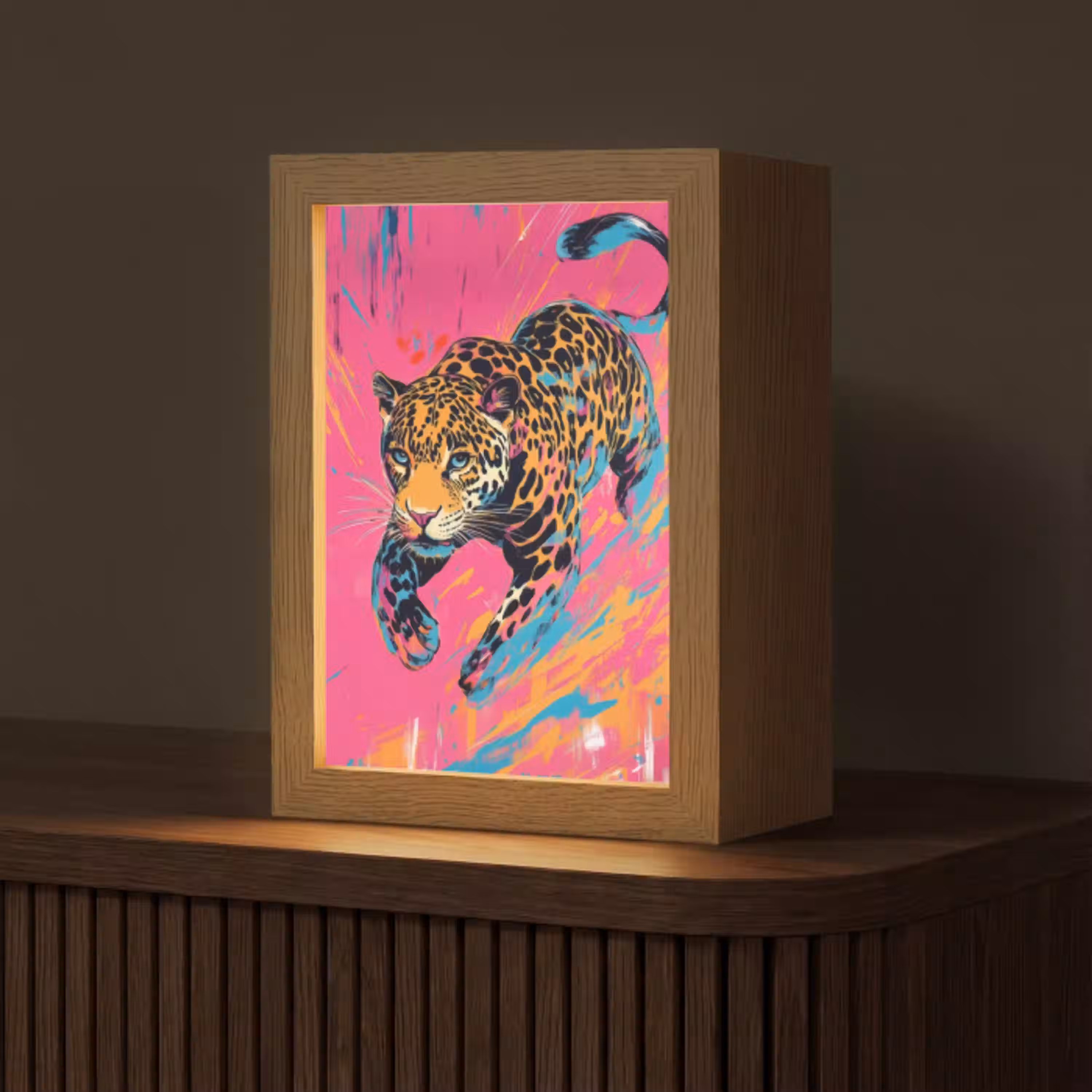 Luipaard - Roze - Oranje - Blauw - Verf Light Box met kabel (Tafellamp) klein -z3d_website