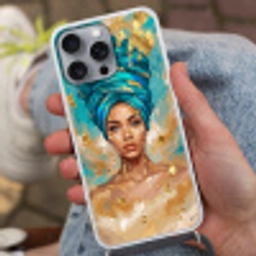 Portret - Vrouw - Schilderij - Blauw - Goud - Expressief Hoesje iPhone 16 Pro Max met koord klein -sfeer3
