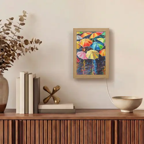 Paraplu's - Schilderij - Kunst - Regenboog Light Box met kabel (Tafellamp) klein -sfeer2