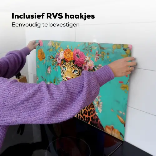 Luipaard - Bloemen - Kroon Inductie beschemer met haakjes klein -ky-ophangen-nl
