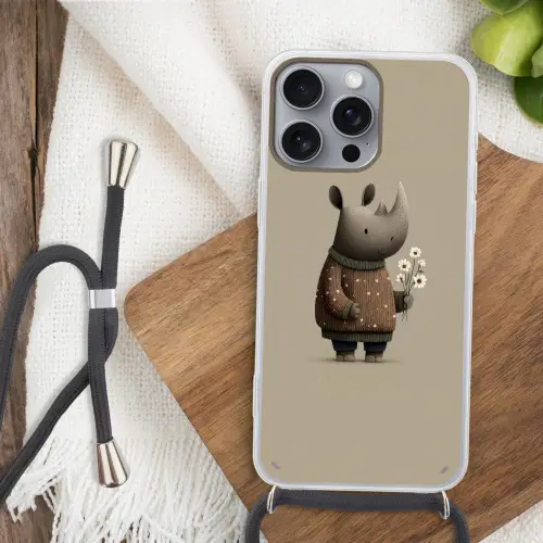 Neushoorn - Witte bloemen - Lief Hoesje iPhone 16 Pro Max met koord klein -sfeer4