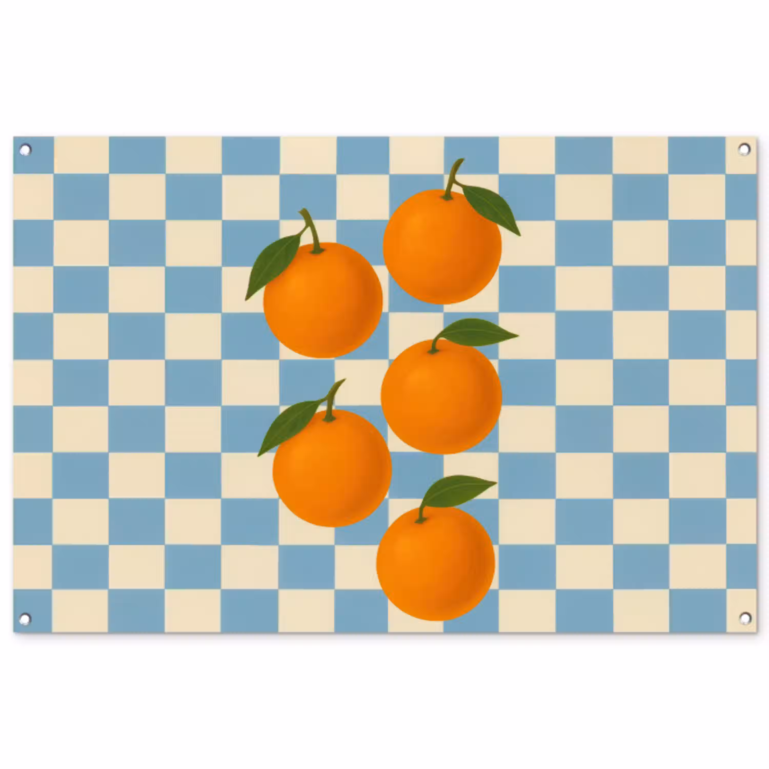 Sinaasappels - Blaadjes - Geblokt - Blauw tuinposter los doek groot -3d