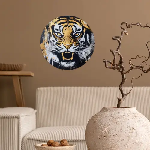 Tijger - Verfspatten - Goud Wandcirkel behangsticker klein -sfeer1