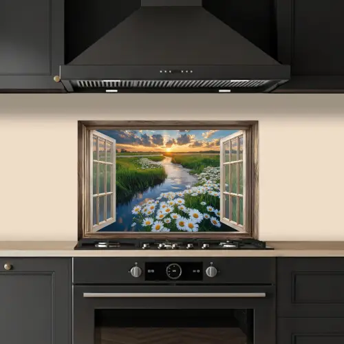 Doorkijk - Landschap - Raam - Water - Zonsondergang keuken achterwand spatscherm klein -sfeer1