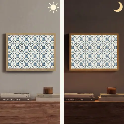 Grafisch - Tegel - Blauw Light Box met batterij (Wandlamp) middel 907 -sfeer3