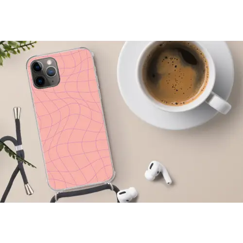 Hokjes patroon - Roze - Paars - Golvende lijnen Hoesje iPhone 12 Pro met koord klein -oordop
