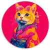 Kat - Kimono - Bloemen - Roze Wandcirkel kunststof plaat 5mm dik klein -3d