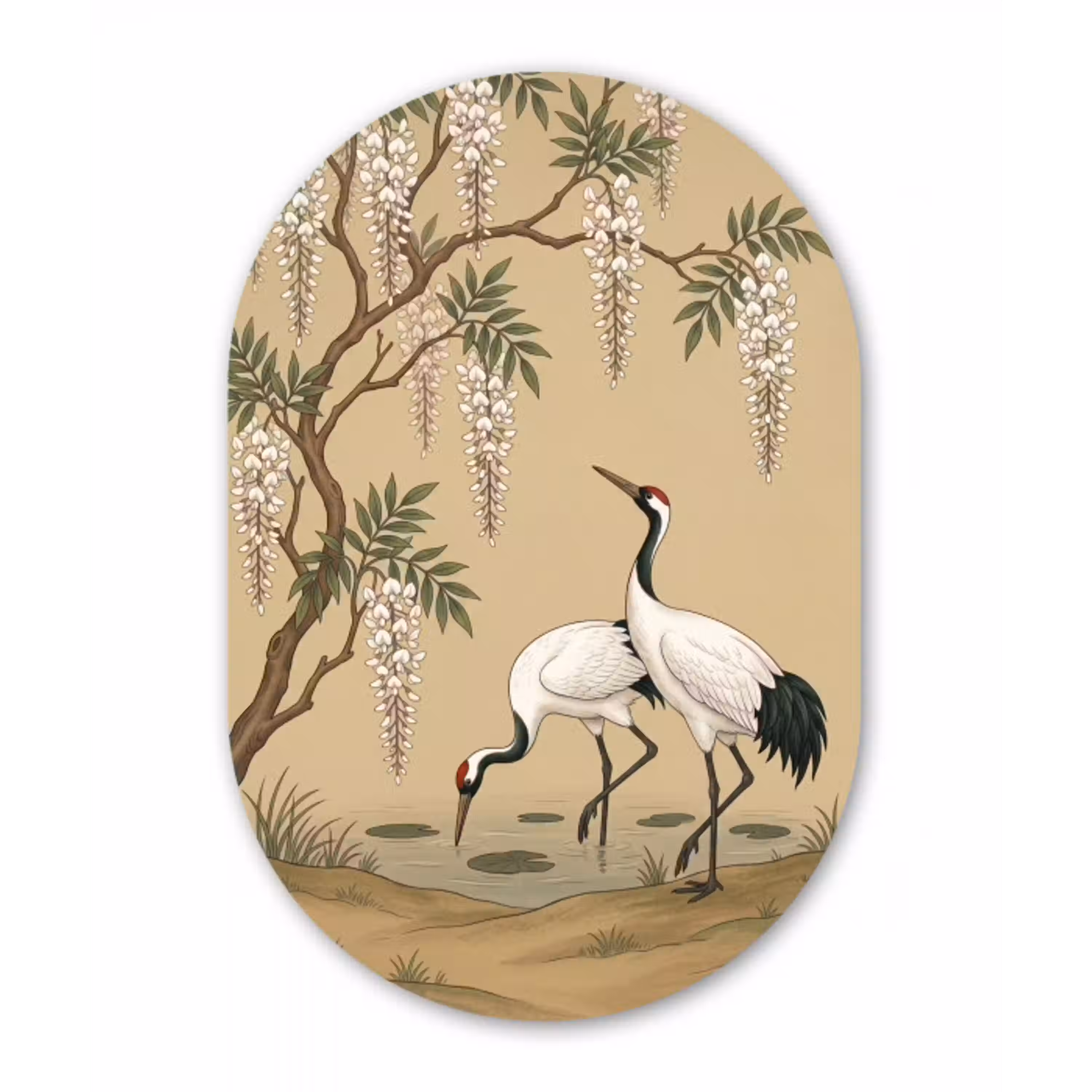 Kraanvogels - Water - Beige Wandcirkel Ovaal Aluminium middel -3d