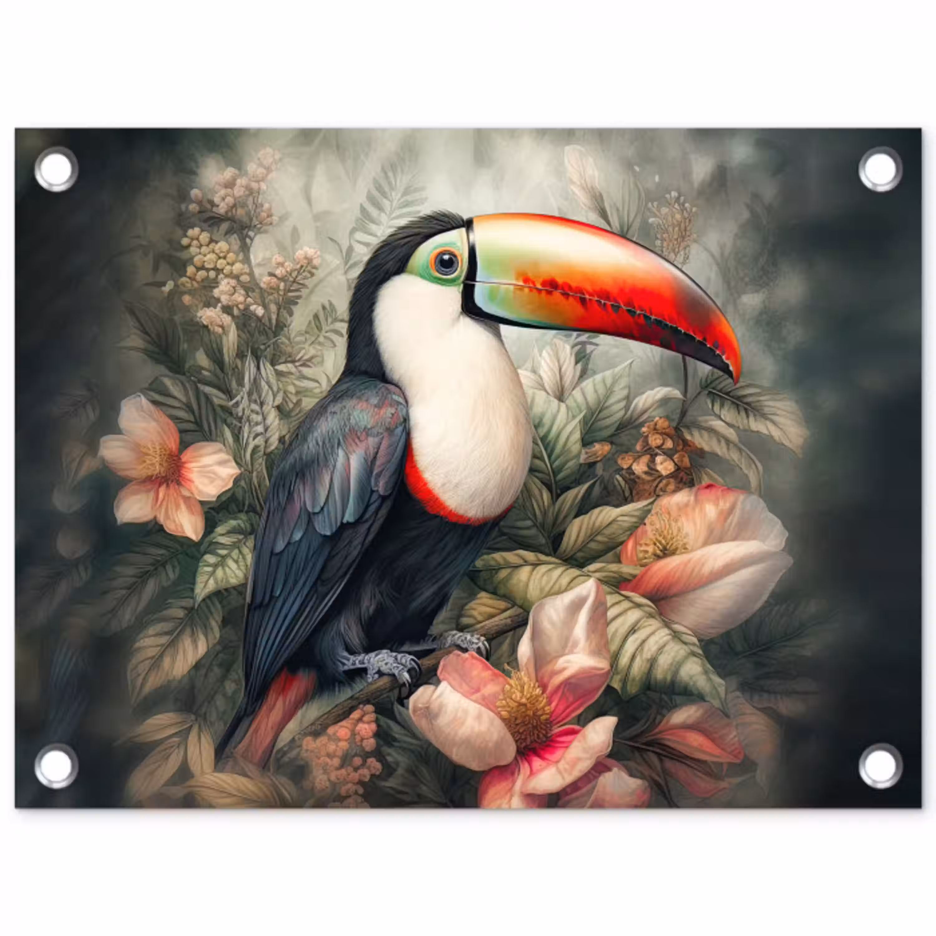 Toekan - Vogels - Bloemen - Planten - Tropisch tuinposter los doek klein -3d