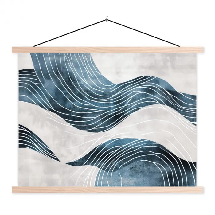 Lijnen - Golven - Abstract - Blauw textielposter latten blank klein -3d