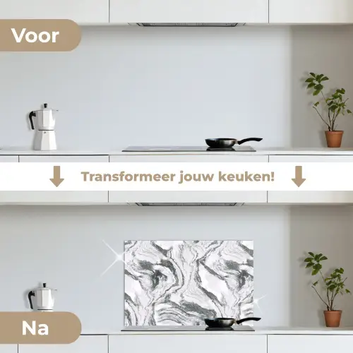 Wit - Marmer - Golvend - Grafiet keuken achterwand spatscherm klein 900 -voor_na_NL