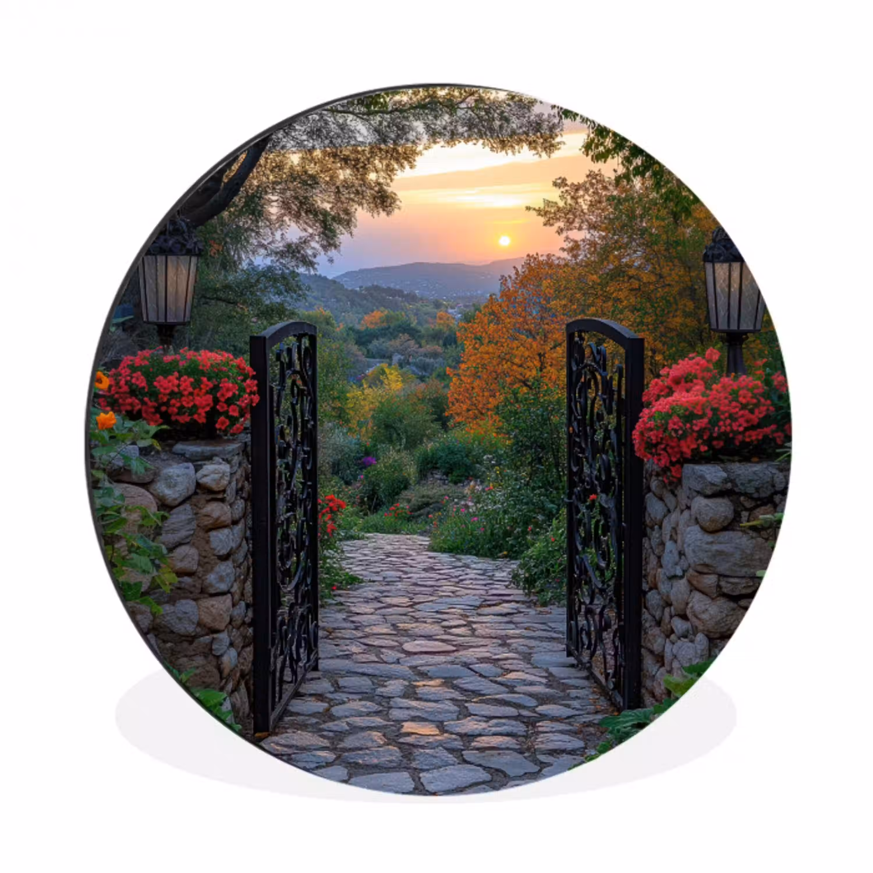Landschap - Hek - Pad - Zonsondergang - Natuur Wandcirkel aluminium klein -3d