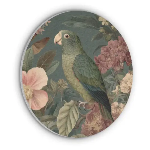 Groene papegaai - Kleurrijke bloemen - Donkere achtergrond Akoestische PET Vilt - Rond klein -3d