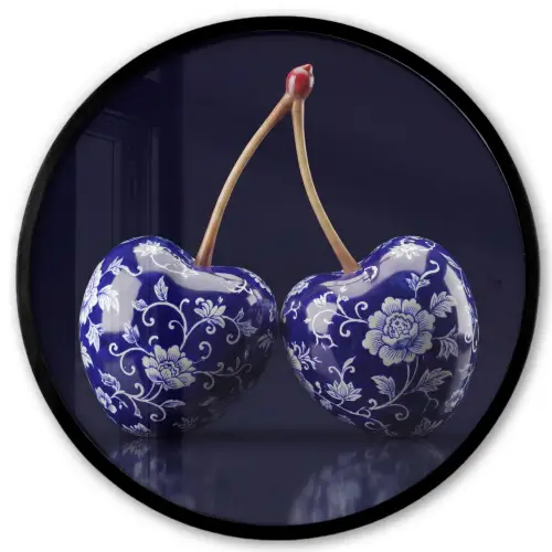 Porselein- Kersen - Delfts - Blauw Fotolijst rond zonder passe partout klein -3d