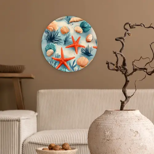 Zeesterren - Schelpen - Illustratie - Zand Wandcirkel kunststof plaat 5mm dik klein -sfeer1