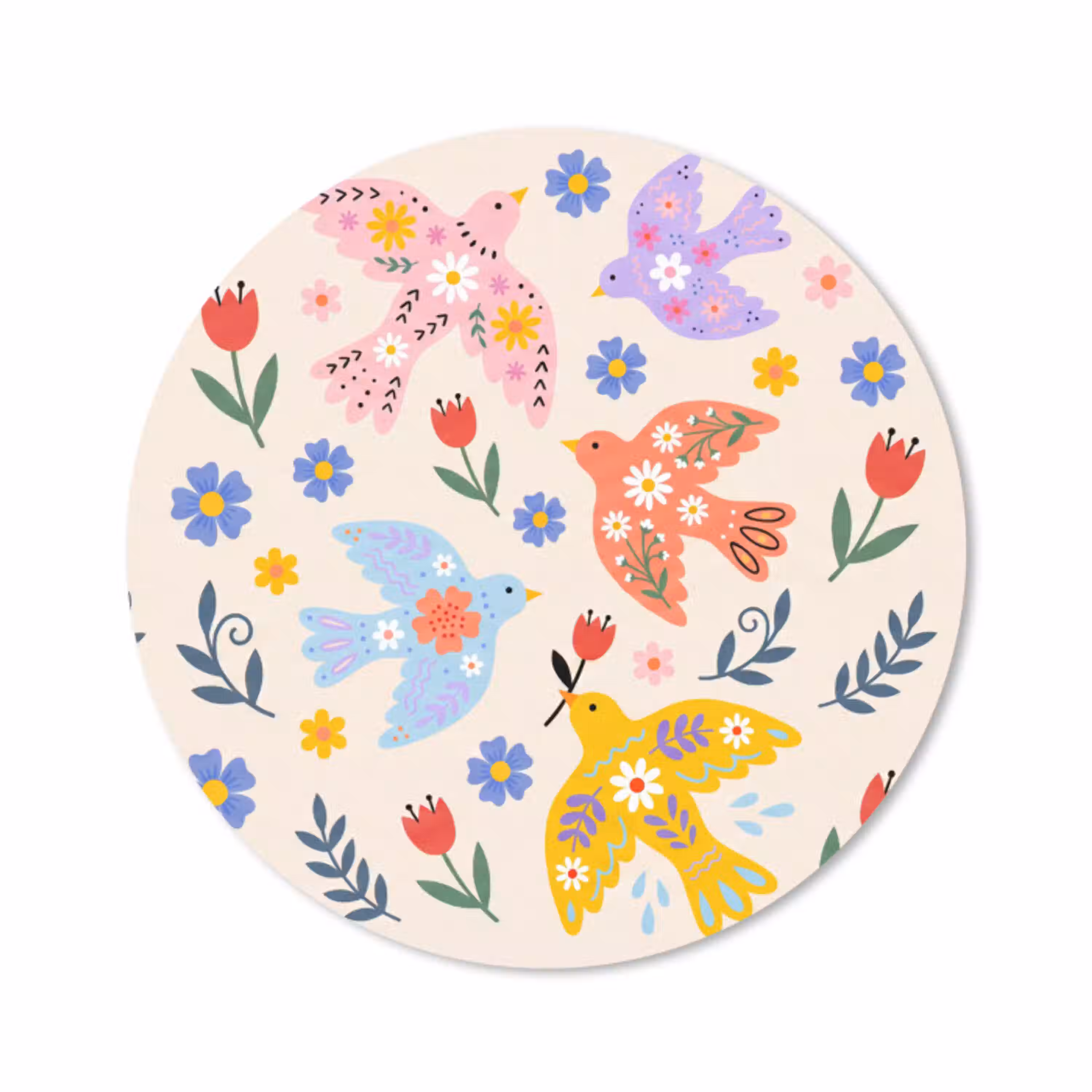 Vogel - Bloemen - Folk - Kleurrijk - Dieren Muismat rond klein -3d