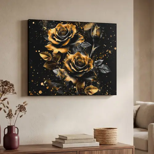 Rozen - Goud - Zwart - Bloemen - Modern Textielframe zwart klein -sfeer3