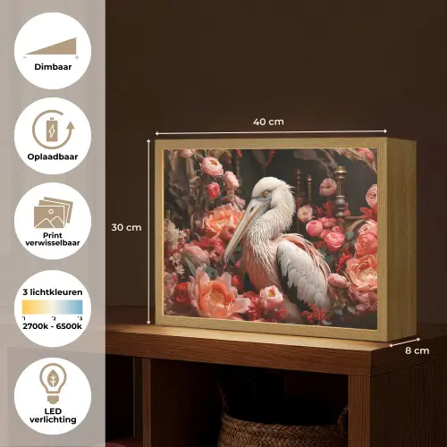 Pelikaan - Dier - Bloemen - Natuur - Botanisch - Roze Light Box met batterij (Wandlamp) middel -USP_websiteoverzichtNL