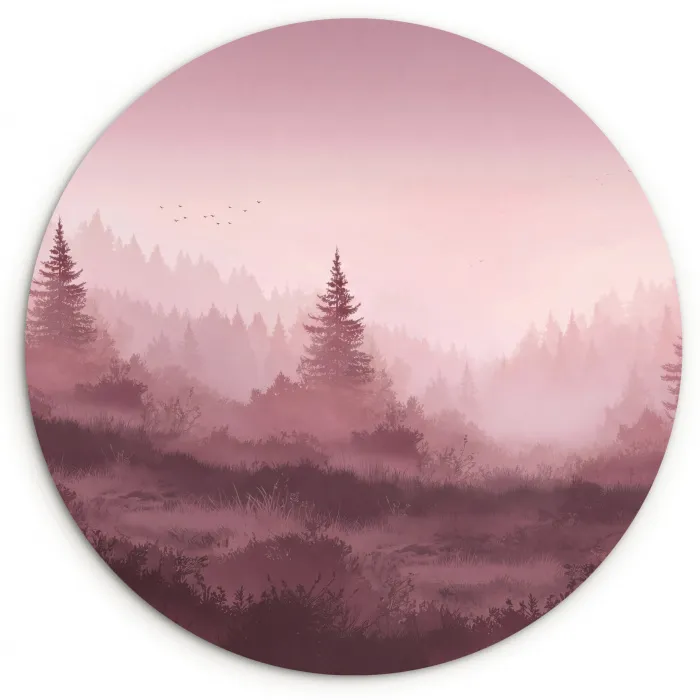 Landschap - Mistig - Roze Wandcirkel kunststof plaat 5mm dik klein -3d