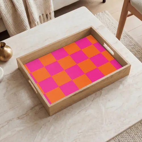 Schaakbord print - Oranje - Roze - Blokjes Dienblad Rechthoek middel -sfeer1