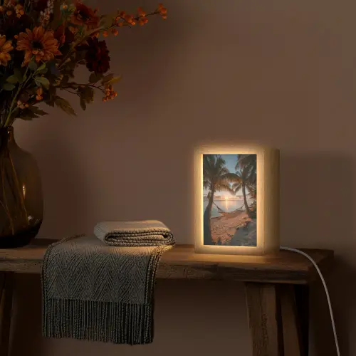 Palmbomen - Hangmat - Strand - Zonsondergang Light Box met kabel (Tafellamp) klein -sfeer4