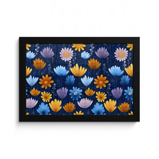 Bloemen - Patroon - Blauw - Contrast fotolijst zwart zonder passe partout klein -3d